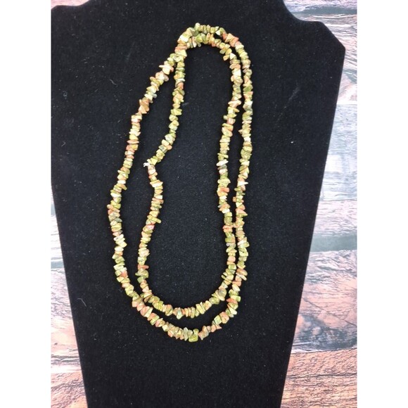 VTG Long Earth Tone Stone Beaded Necklace Green Pink Brown Knotted Closure Boho - Picture 4 of 5